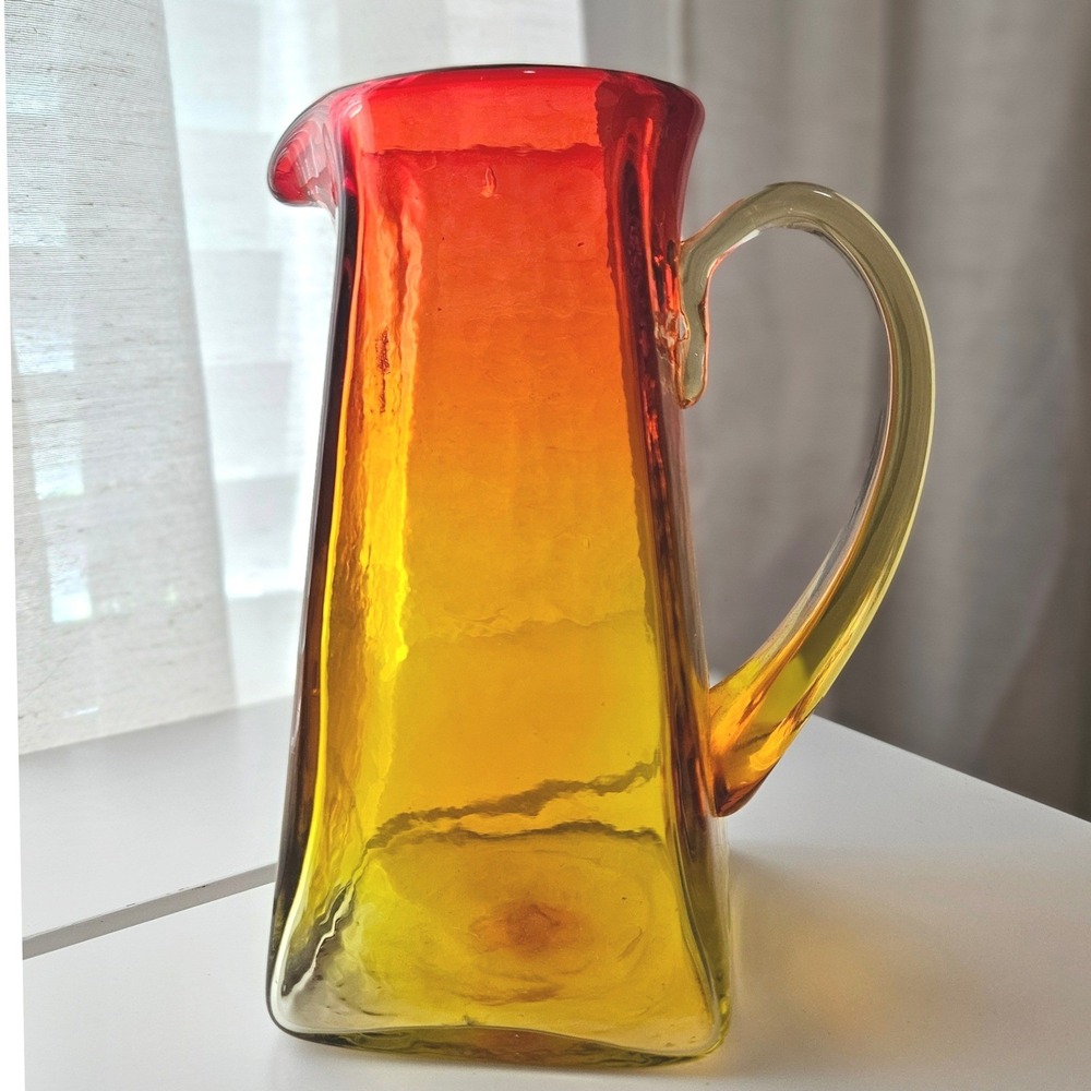 Vtg Blenko 603 Tangerine Amberina Square Hand Blown Art Glass Pitcher